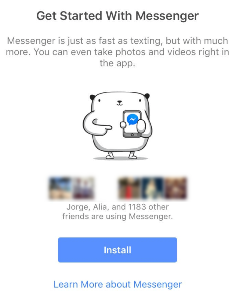 Image of facebook’s empty state. It has an illustration of a bear holding a phone with the messenger logo on it.