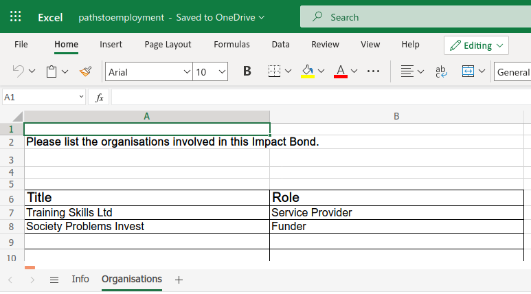 Spreadsheet with the blank cells filled in with example data about an impact bond
