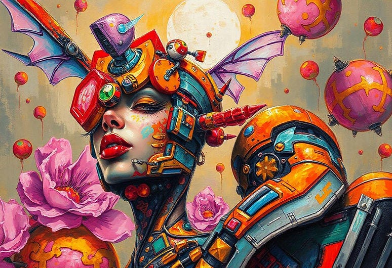 A feminine person is outfitted in orange and pink mechanical attachments and fae-like wings.