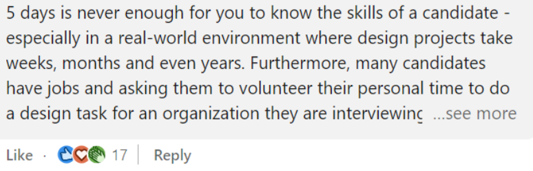 Screenshot of a linkedin comment. The author complaint about time constraint stating that 5 days are never enough to complete the task and calling out for a lack of inclusivity for those who has other activities (eg childcaring)