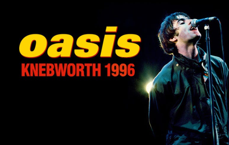 Promotional image for the 2021 film Oasis: Knebworth 1996 shows singerLiam Gallagher at the microphone