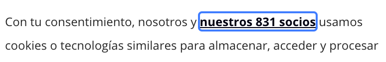 Extracto de un texto del modal de política de cookies donde se ve claramente es foco de un enlace