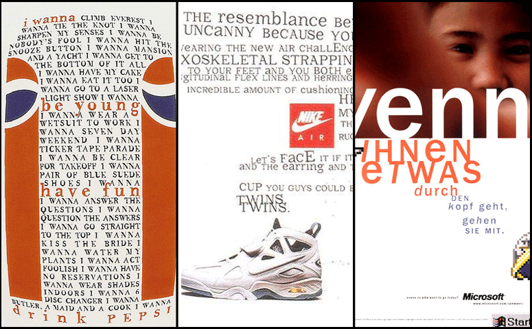 Designs for Pepsi, Nike, and Microsoft by David Carson