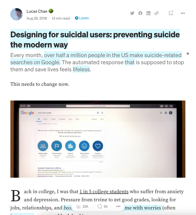 Screenshot of an article “Designing for Suicidal Users: Preventing Suicide the Modern Way”