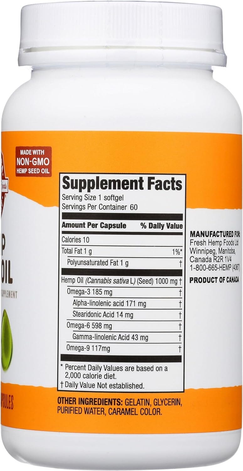 Manitoba Harvest Hemp Seed Oil Softgels, 2,475mg of Plant Based Omegas 3,6  9 per serving including GLA, Fish Oil Alternative, 60 Count (Pack of 1) Packaging May Vary