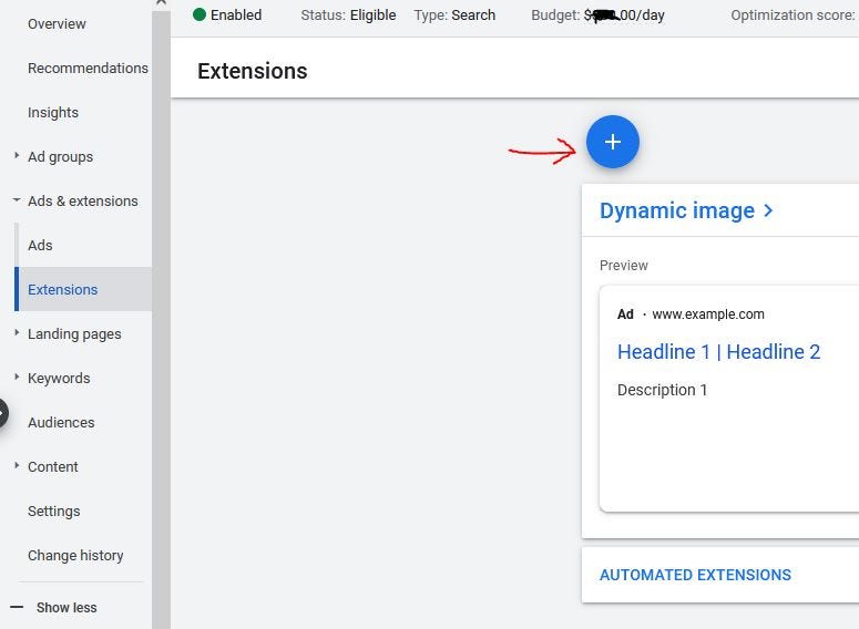 An arrow points to the blue button on the Google Ads “Extensions” page.