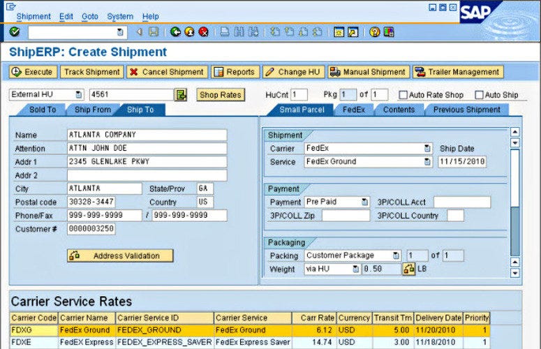 A screen of ERP software for creating a shipment with data fields for the shipment details and functions you can perform on a shipment.