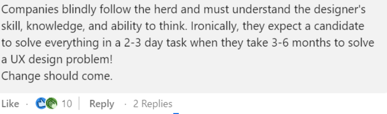 Screenshot oflinkedin comment stating that company follow the herd and that they expect to solve a task in 2–3 days when they take 3–6 months to solve the problem