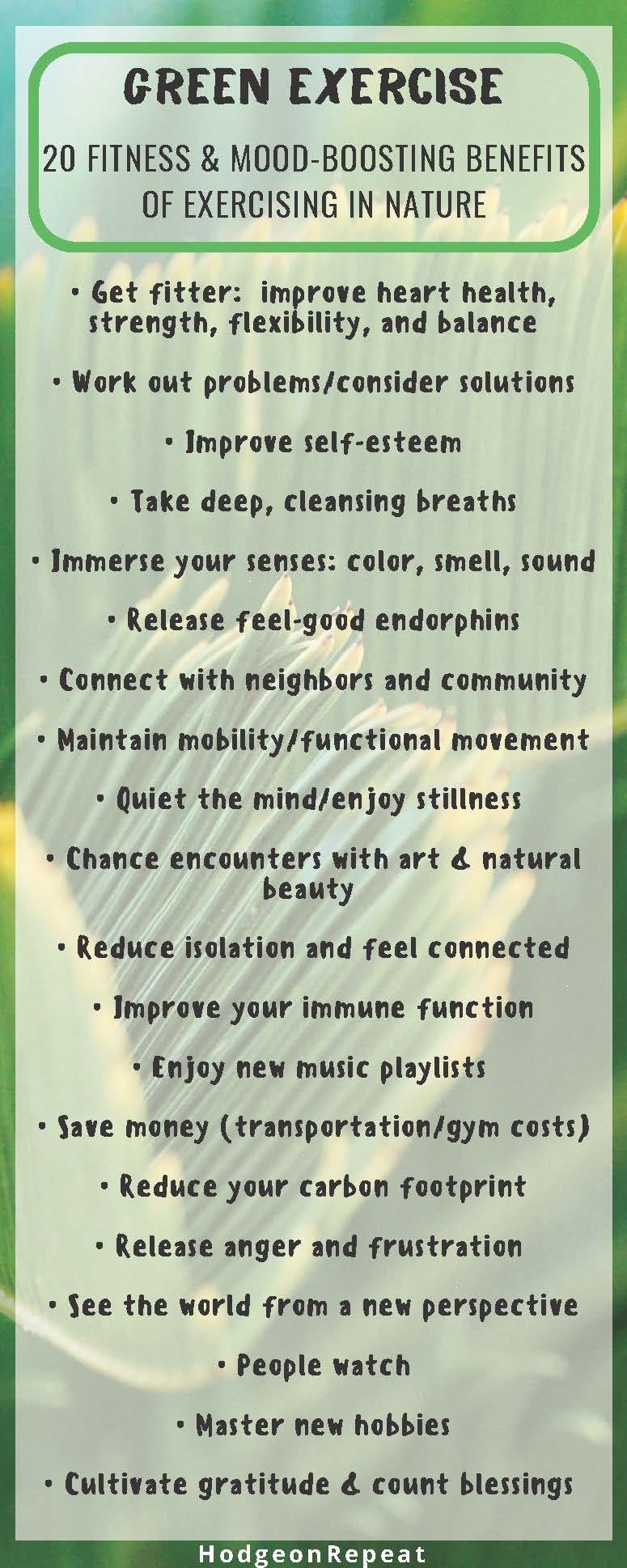 HodgeonRepeat blog — 20 Benefits of Green Exercise — infographic list with green background