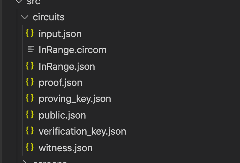 File directory after creating the proof. `src` folder contains a `circuits` folder with a number of JSON files and a .circom