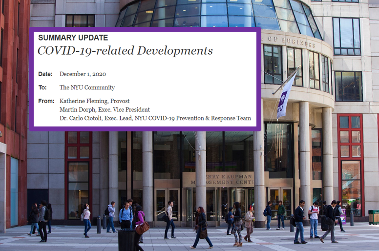 Gould Plaza with a screenshot of an email header reading: Summary Update COVID-19-related Developments. Date: Dec 1, 2020