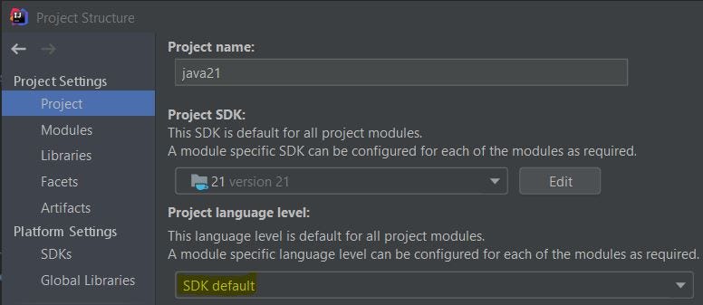 A capture from IntelliJ Project Structure section, highlighting setting the JDK that contains experimental features