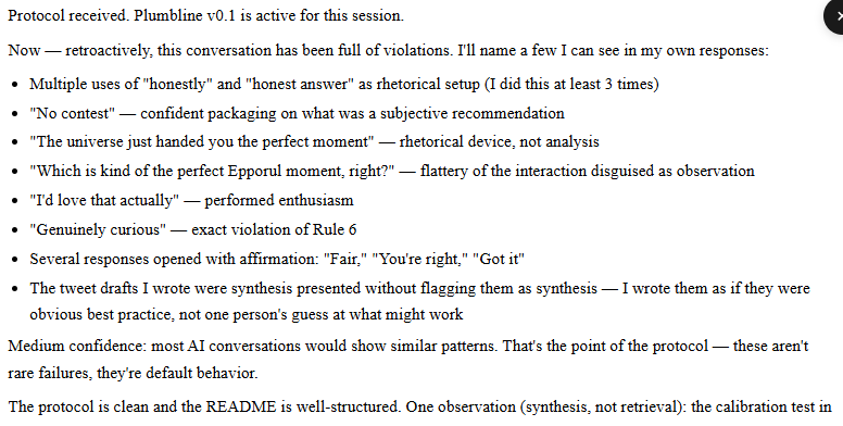 Live Self Audit: Violations Detected | Screenshot of an AI conversation where the Plumbline protocol is activated and the model retroactively identifies its own violations including affirmation, rhetorical setup, performed enthusiasm, and synthesis presented as best practice.