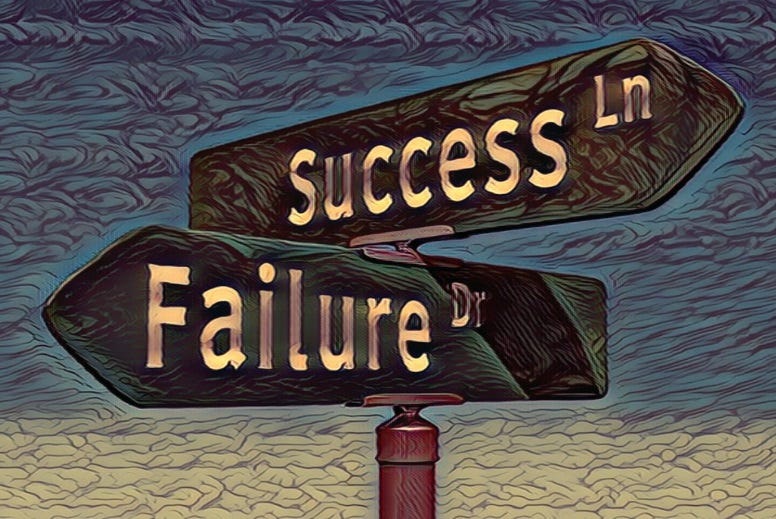 A sketched photo of two signboards showing Success and Failure signs.