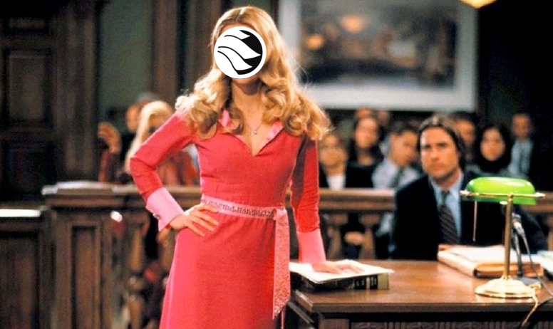 A picture of Elle Woods from Legally blonde with a NYU Local logo over her face