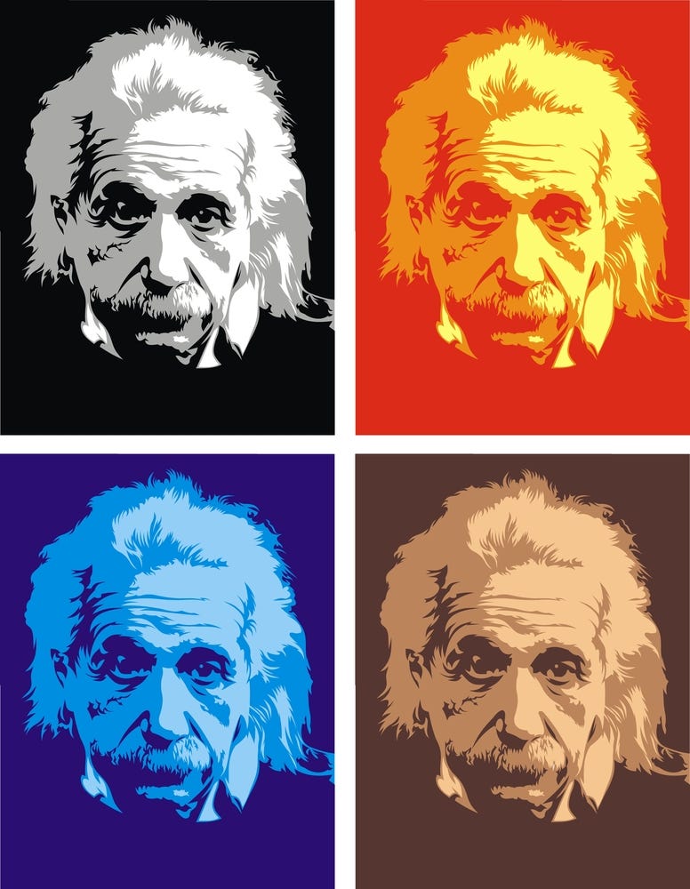 Collage of four monochrome pictures of Albert Einstein.