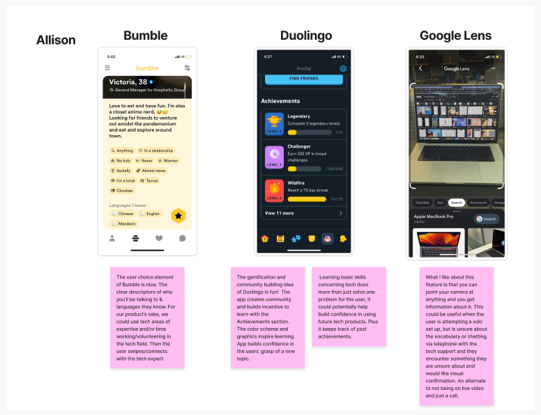 Screenshots of Bumble, Duolingo and Google Lens.