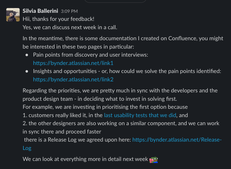 A screenshot of a long Slack message that I sent, with a lot of links