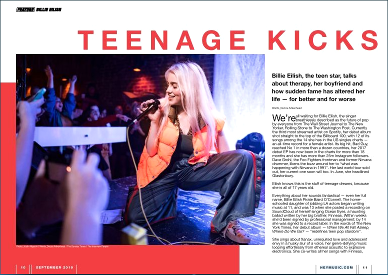 Billie Eilish appears in the September 2019 issue of Hey Mag