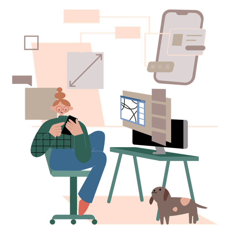 Illustration of a woman seating in her desk with her phone, computer and dog learning and checking accessibility in her design process. Illustration by Irene Falgueras.