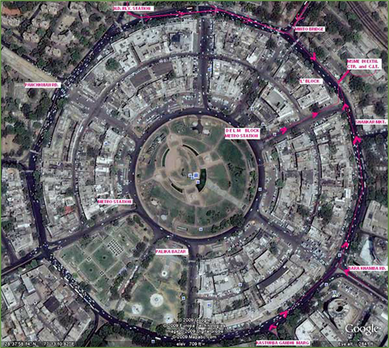 A Roundabout in New Delhi with 8 Exits.
