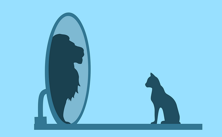 A cat looks into a mirror, a lion is its reflection