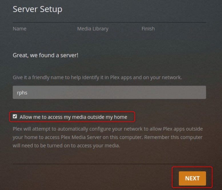 An image to configure the Plex media server to access from internet