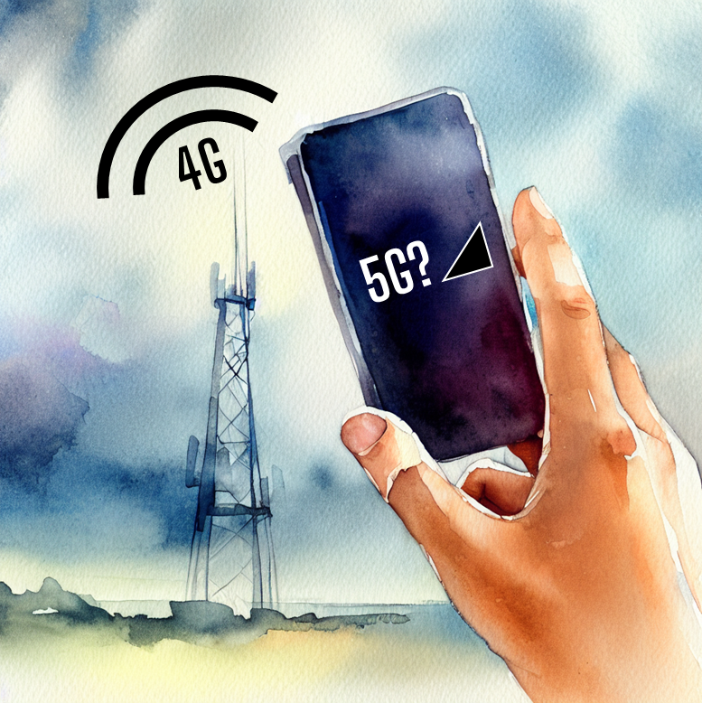 A watercolor-style drawing of a hand holding up a phone in front of a phone tower. The phone indicates that it detects no 5G signal because the tower is a 4G tower.