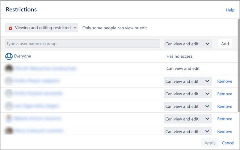 A table depicting Confluence page restrictions setup