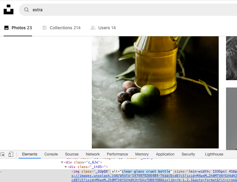 Chrome dev tools developer view of the html showing alt text for an image.