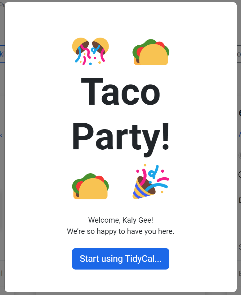 Screenshot of the welcome window from TidyCal to Kaly.