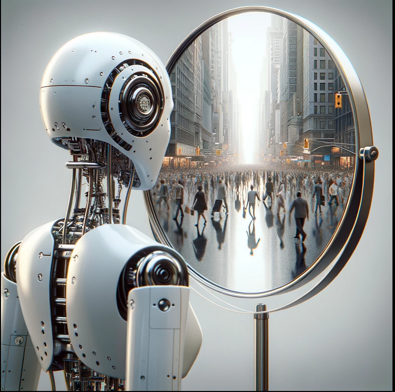 Robot looking into a mirror but seeing a busy city street filled with people.