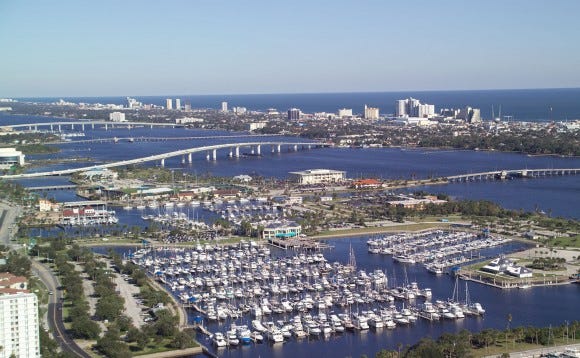 Daytona Beach, Fla. You can see Jackie Robinson Ballpark, the home of the Reds' new Advanced A affiliate, sitting on City Island on the left side of the picture in the middle of the frame. (Click to enlarge.)