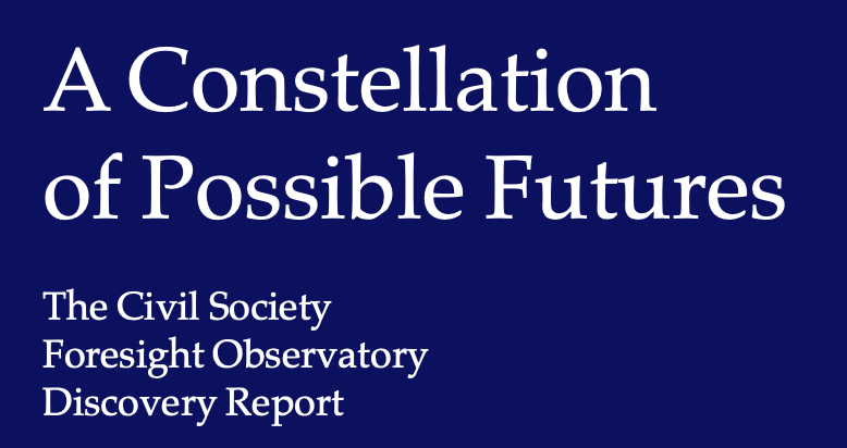 Screengrab of a report title: dark blue background with white lettering that says A Constellation of Possible Futures: The Civil Society Observatory Discovery Report