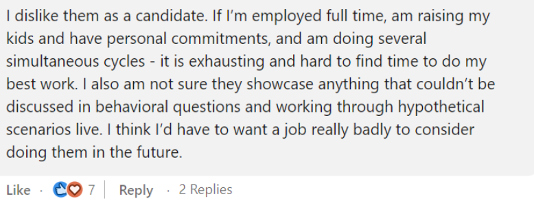 Screenshot of a linkedin comment. The author point out that these challenges are not inclusive. If the candidate is working or it has children or other activities, there will be less time available compared to other candidates.