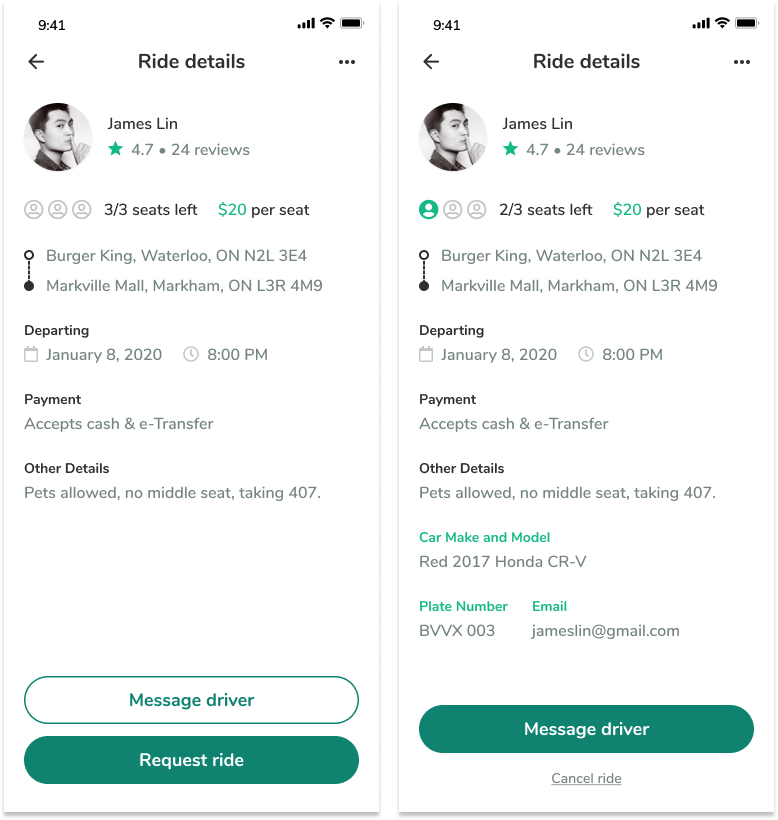 Screenshots of ride details before and after a ride match occurs