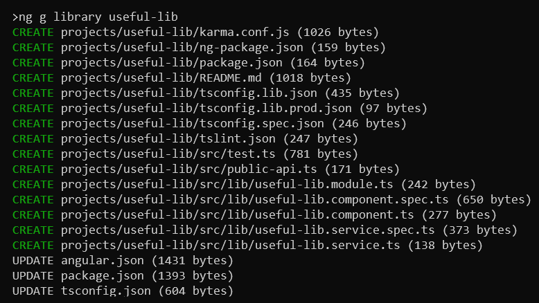 Command line output of the command ng generate library useful-lib. Creating files and updating existing ones.