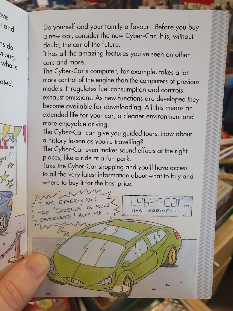 “Cyber-Car” is sitting in a showroom. It announces “The ‘Gazelle’ is Now Obsolete! Buy Me…”