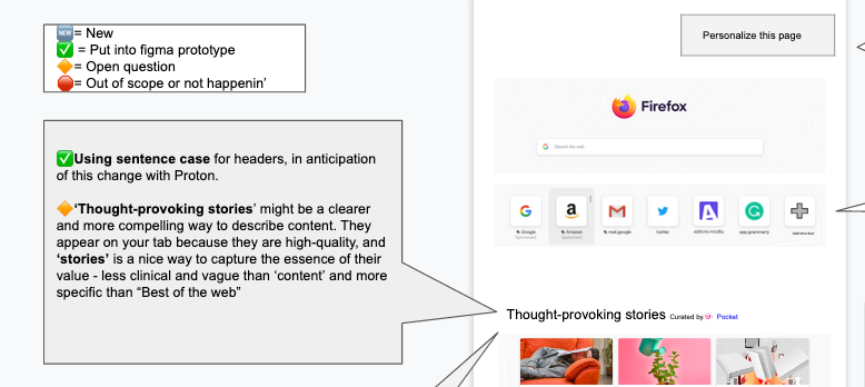 Google Slide screenshot with a recreation of the Firefox homepage design, with comments calling our requested changes.
