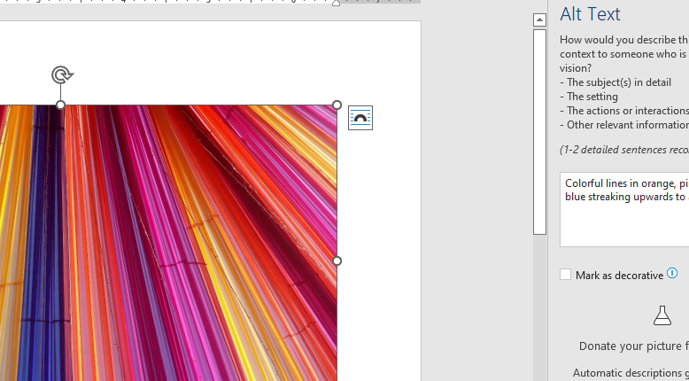 To the left is a Creative Commons image of red, orange, pink, and yellow lines moving upwards to a point pasted into a document. To the right is the Alt Text screen of Word, with the alt text description partially filled in.