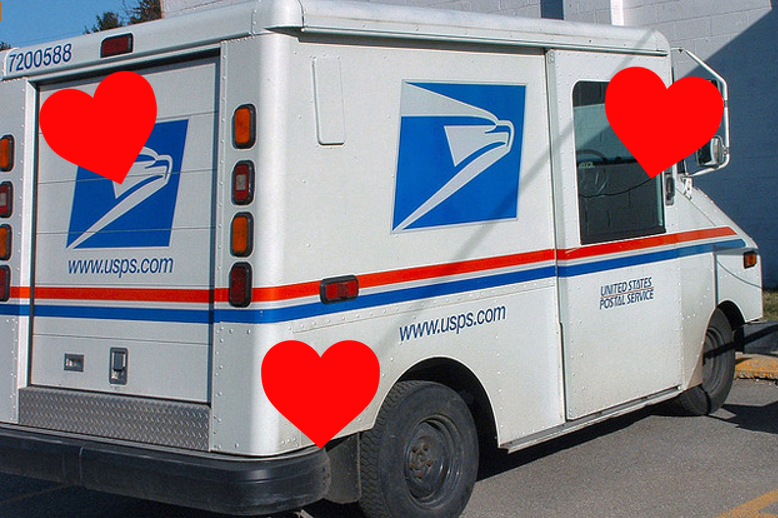 A picture of a mail carrier van with three cartoon hearts.