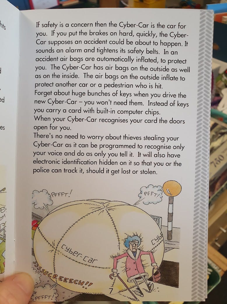 A woman crossing the road and holding a cane is pictured. She is bouncing off a giant balloon. The balloon has “cyber car” printed on it. The words “pfft” and “screeeeecch” are shown.