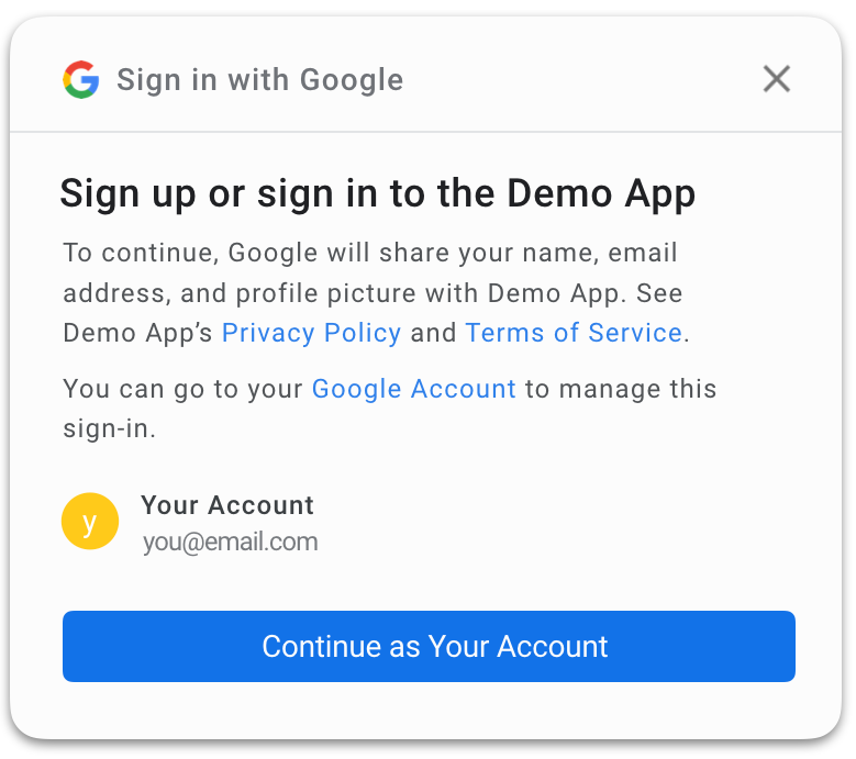 Example screenshot of one tap dialog, text “Sign up or sign in to the Demo App”