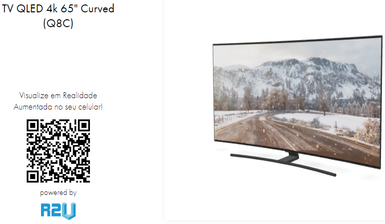 Tecnologia fornecida pela R2U, a foto mostra um modelo de TV Samsung ao lado de um código QR Code que pode ser utilizado para projetar o produto em seu espaço com o uso da realidade aumentada.