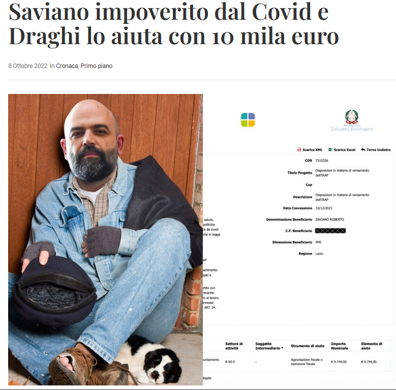screenshot from Verità & Affari — with Saviano as a beggar