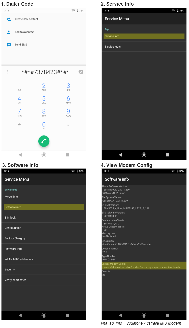 Sony Xperia XZ Premium — Service Menu — Current Modem Config — Android 9.0 Pie