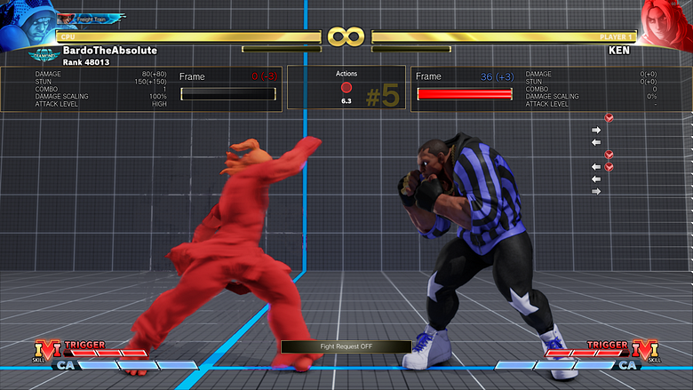 The training mode of Street Fighter V. This image depicts Ken about to roundhouse kick Balrog.