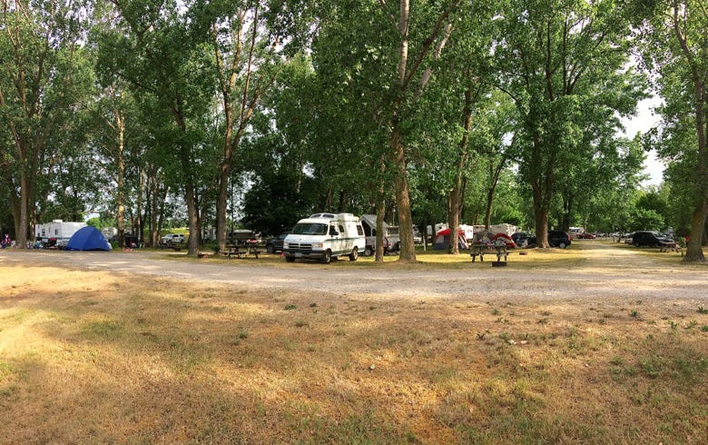 Our spot in the private RV park - we're back in the cheap seats without full hookups.