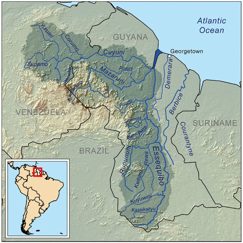 Map of Guyana, with boundaries to Venezuela, Suriname and Brazil