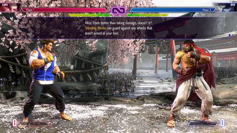 Street Fighter 6’s tutorial. It is a fight between Luke and Ryu.
